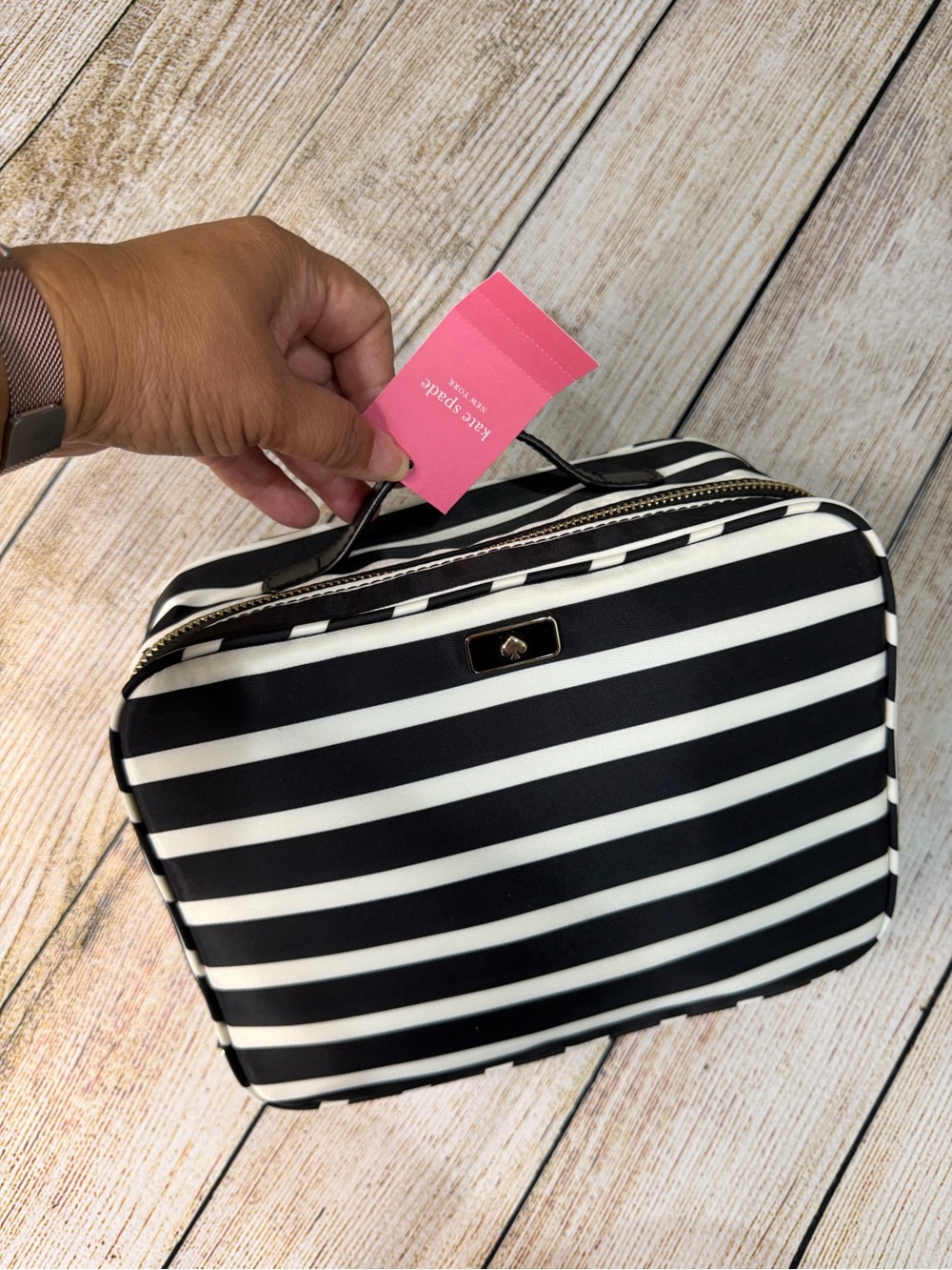 Kate Spade Dawn Sailing Stripe Travel Cosmetic Bag NWT Black White Large Case